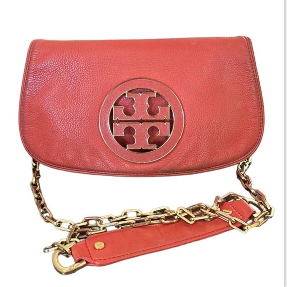 Tory Burch | Orange Amanda Leather Detachable Chain Crossbody Strap Clutch Bag - Picture 1 of 16